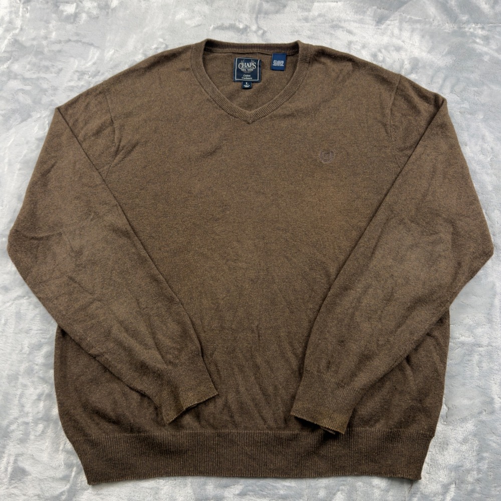 Chaps Mens V-Neck Sweater Brown Cotton Cashmere Blend Size L Long Sleeve Knit
